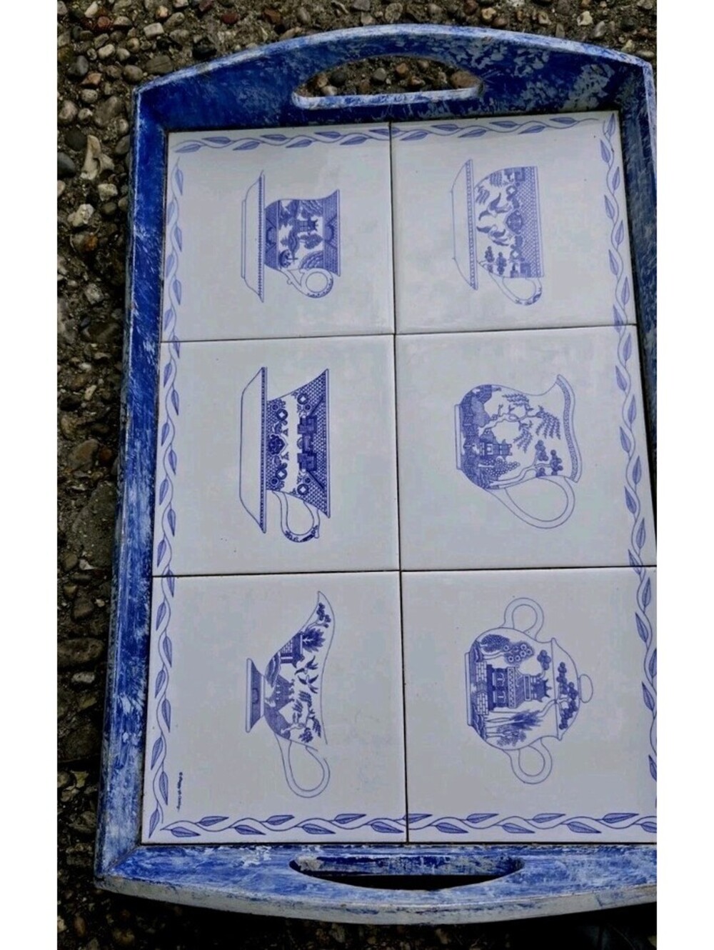 Vintage Serving Tray Blue White Handpainted Ceramic Porcelain Delft Tiles 18X12"